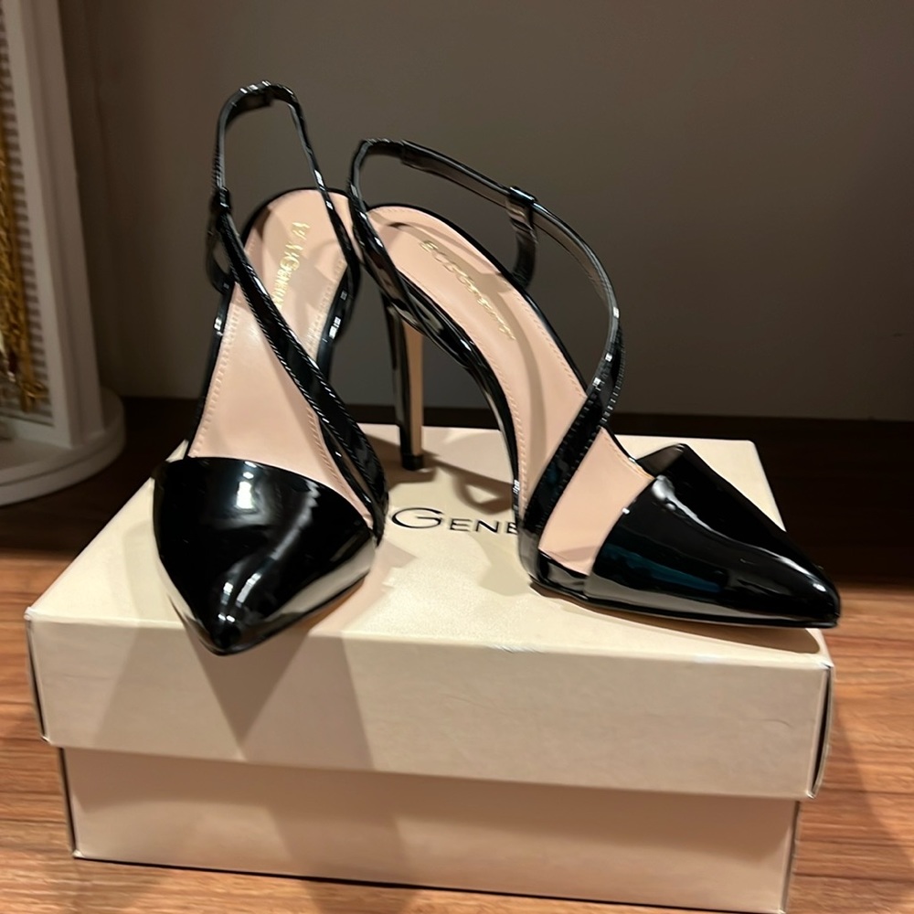 BCBG black patent leather strappy heels